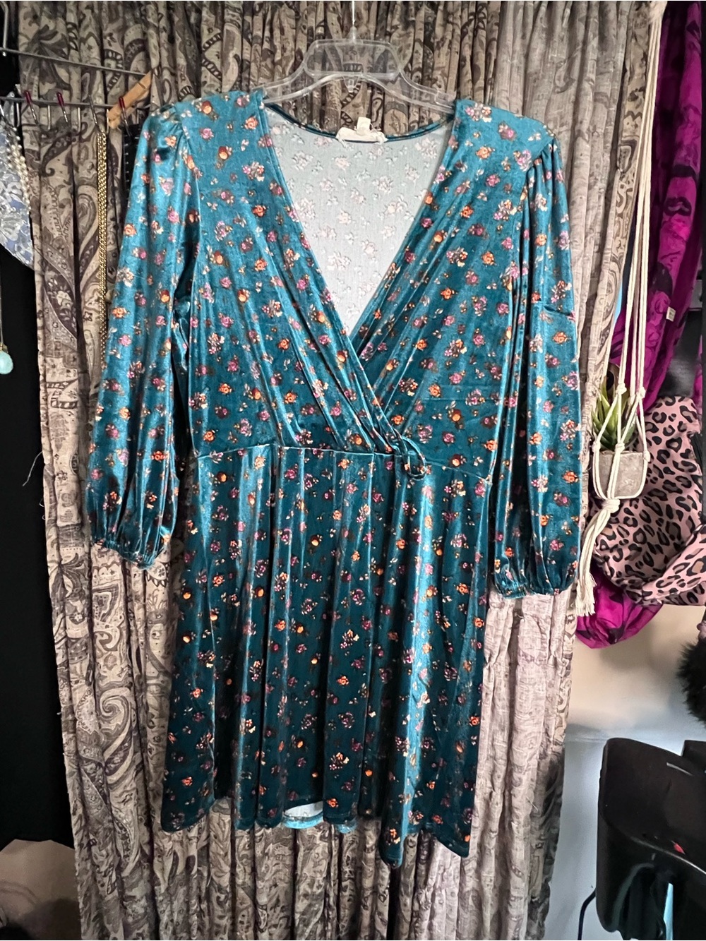 BeBop Teal Floral Velvet Wrap Dress